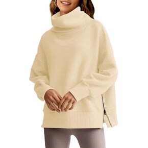 Fisoew Womens Turtleneck Oversized Sweatshirts Casual Long Sleeve Side Zip Warm Pullover Tops