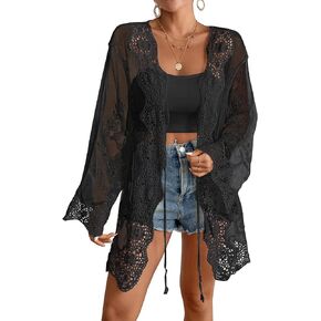 Bsubseach Women's Swimwear Cover Ups Mesh Bathing Suit Cover Up Open Front Back Cut Out Beach Summer Lace Kimono Cardigan
