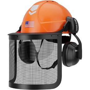 Forest Safety Helmets Kit 5 IN 1 Industrial Chainsaw Hardhat With Mesh&Clear PC Shield And Ear Muffs, OSHA & ANSI Z89.1 Certified Forestry Arborist Hard Hat(Orange+Mesh&Clear Shield+Earmuffs)