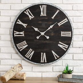 Glitzhome Oversized Rustic Farmhouse Wooden and Galvanized Decorative Large Wall Clock for Home Decor, 27.56", Black
