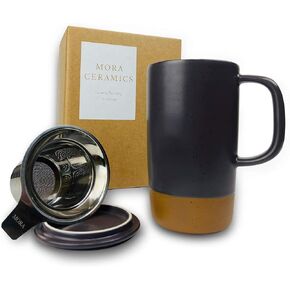 Mora Ceramics Large Tea Mug with Loose Leaf Infuser and Ceramic Lid, 18 oz, Portable, Microwave and Dishwasher Safe, Tall Coffee Cup - Rustic Matte Ceramic Glaze, Modern Herbal Tea Strainer, Olive