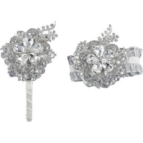 2 Pack Corsage Wristlet Luxury Dazzle Crystal Diamond Boutonniere Set Wrist*1 for bride and Corsage*1 for groom on Wedding Party 1