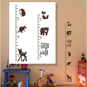 Grow Wild Woodland Forest Animals Vinyl Wall Art Decal Growth Chart - Kids Height Wall Chart Sticker - Kids Ruler Height Tracker in Black, 7.5x69-Inch