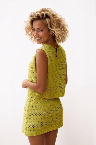 Ladyful Women Casual Short Crochet Knit Set V Neck Sleeveless Top and Mini Skirt Cover Up 2 Piece Outfits with Pockets in Saudi Arabia