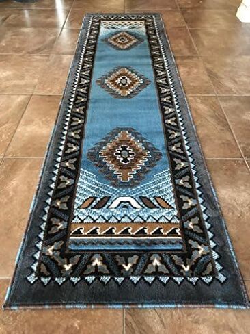 Kingdom Southwest Native American Runner Area Rug Blue & Brown Design D143 (2 Feet X 7 Feet) in Kuwait