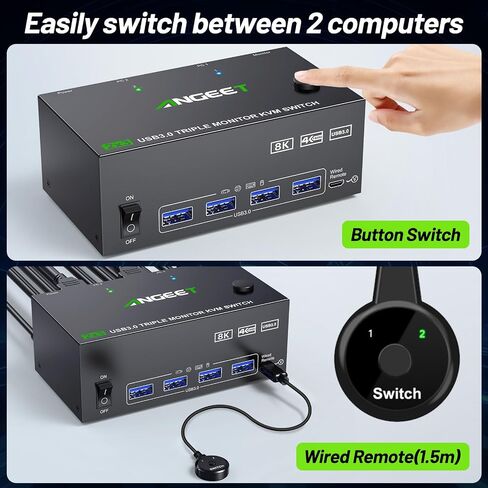 8K HDMI KVM Switch 2 Port 8K@60Hz 4K@120Hz,ANGEET HDMI 2.1 KVM Switch for 2 Computers Share 1 Monitor and 4 USB 3.0 Devices,HDCP 2.3, HDR 10,with Wired Remote and 2 USB3.0 Cable in Saudi Arabia