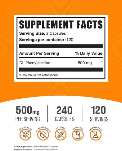 BulkSupplements.com DL-Phenylalanine Capsules - DLPA Capsules, DL-Phenylalanine 500mg - DLPA Supplements, Gluten Free - 2 Capsules per Serving, 240 Capsules (Pack of 1) in Saudi Arabia