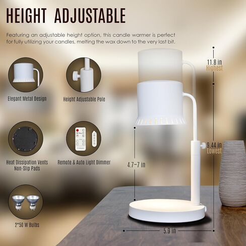 Candle Warmer Lamp - Adjustable with Timer, Dimmer & Remote Control- Compatible with Scented Yankee Jar Candles, Electric Wax melt, 2 Bulbs, Great Gift for Women, Mother's Day-White in Saudi Arabia