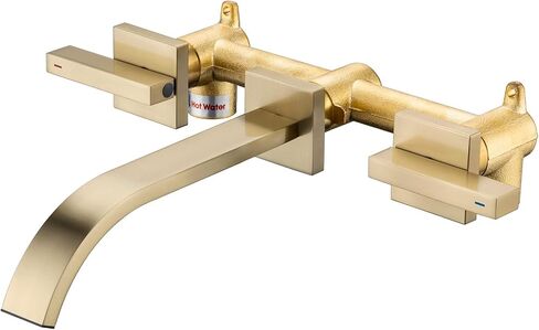 Brass Wall Faucet Brushed Gold Wall Mounted Bathroom Faucet, Wall Mount Bathroom Sink Faucet, Dual Lever Handle, Rough-in Valve Included, Pt001-BG in Saudi Arabia