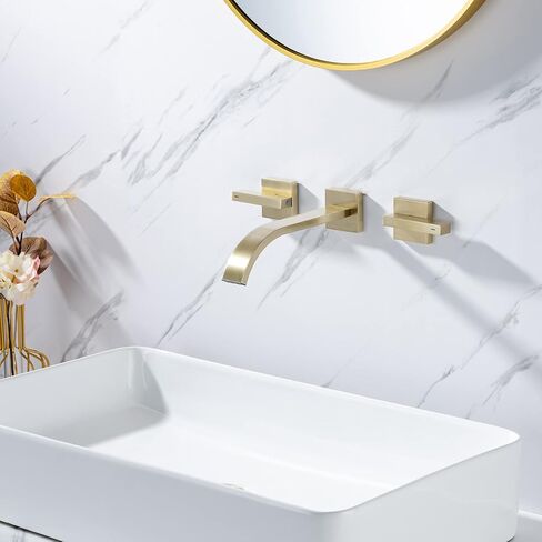 Brass Wall Faucet Brushed Gold Wall Mounted Bathroom Faucet, Wall Mount Bathroom Sink Faucet, Dual Lever Handle, Rough-in Valve Included, Pt001-BG in Saudi Arabia