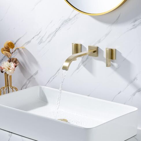 Brass Wall Faucet Brushed Gold Wall Mounted Bathroom Faucet, Wall Mount Bathroom Sink Faucet, Dual Lever Handle, Rough-in Valve Included, Pt001-BG in Saudi Arabia