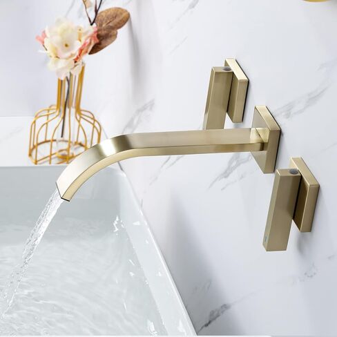 Brass Wall Faucet Brushed Gold Wall Mounted Bathroom Faucet, Wall Mount Bathroom Sink Faucet, Dual Lever Handle, Rough-in Valve Included, Pt001-BG in Saudi Arabia