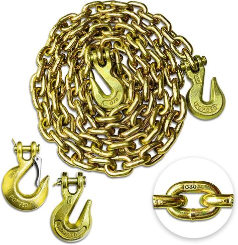 سلسلة ربط النقل G80 مقاس 5/16 بوصة × 18 قدم مع 4 خطافات إمساك كليفيس، حمل عمل آمن بوزن 4900 رطل، سلسلة تسجيل شديدة التحمل للنقل والسحب والربط ومعدات الربط in Saudi Arabia