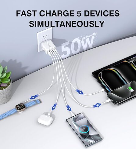 كتلة شاحن حائط USB C، 2 حزمة 50 وات 5 منافذ C شاحن سريع كتلة شحن PD محول طاقة + QC 3.0 متعدد المنافذ من النوع C صندوق مكعبات USB A قابس حائط لهاتف iPhone 15/14/13/12/11 Pro Max، iPad، Samsung Galaxy in Saudi Arabia