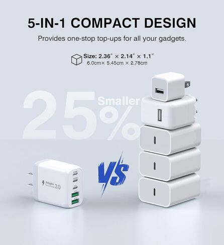 كتلة شاحن حائط USB C، 2 حزمة 50 وات 5 منافذ C شاحن سريع كتلة شحن PD محول طاقة + QC 3.0 متعدد المنافذ من النوع C صندوق مكعبات USB A قابس حائط لهاتف iPhone 15/14/13/12/11 Pro Max، iPad، Samsung Galaxy in Saudi Arabia