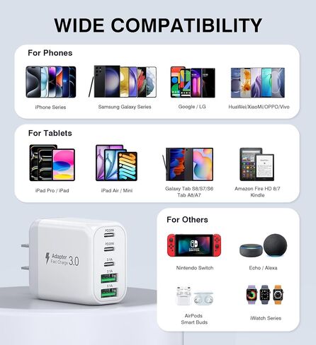 كتلة شاحن حائط USB C، 2 حزمة 50 وات 5 منافذ C شاحن سريع كتلة شحن PD محول طاقة + QC 3.0 متعدد المنافذ من النوع C صندوق مكعبات USB A قابس حائط لهاتف iPhone 15/14/13/12/11 Pro Max، iPad، Samsung Galaxy in Saudi Arabia