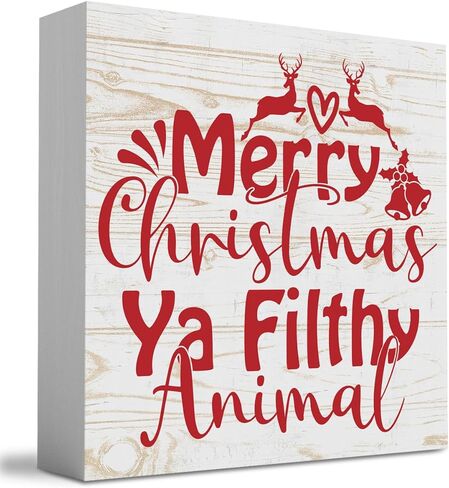 WRSUNT الرجعية عيد ميلاد سعيد يا القذرة الحيوان علامة صندوق خشبي، مزرعة عيد الميلاد سانتا ديكور العمل الفني، رف المنزل مكتب الديكور 5 × 5 بوصة in Kuwait