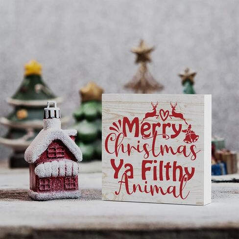 WRSUNT الرجعية عيد ميلاد سعيد يا القذرة الحيوان علامة صندوق خشبي، مزرعة عيد الميلاد سانتا ديكور العمل الفني، رف المنزل مكتب الديكور 5 × 5 بوصة in Kuwait