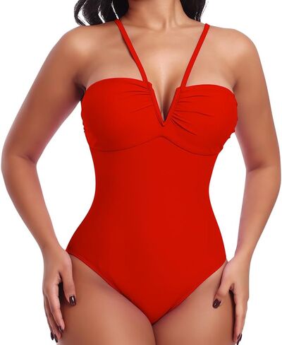 bslingerie Women's V Neck Monokini Swimsuits, One-Piece Lace Up Back Bathing Suit in Kuwait