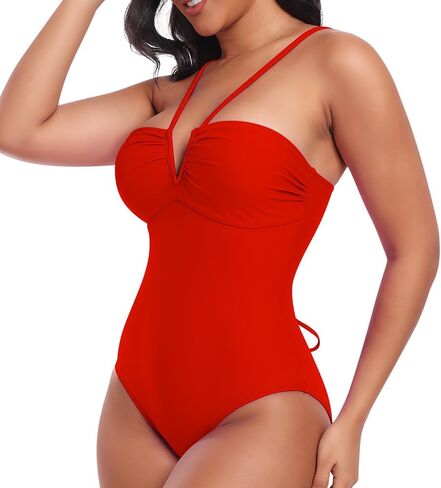bslingerie Women's V Neck Monokini Swimsuits, One-Piece Lace Up Back Bathing Suit in Kuwait