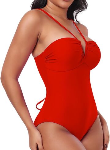 bslingerie Women's V Neck Monokini Swimsuits, One-Piece Lace Up Back Bathing Suit in Kuwait