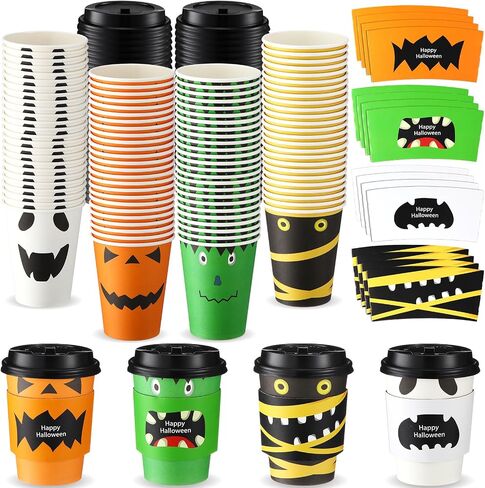 Umigy 100 Pack Halloween Disposable Coffee Cups 12 oz Paper Coffee Cups with Dome Lids and Sleeves Hot Cold Beverage Coffee Juice Drinking Cups for Halloween Party Decoration (Bat Style) in Saudi Arabia