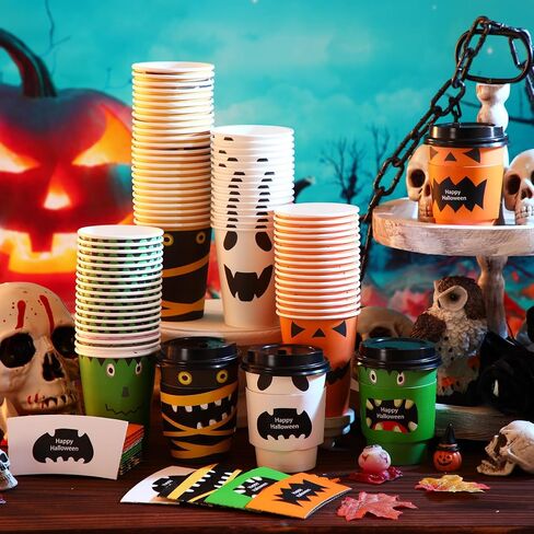 Umigy 100 Pack Halloween Disposable Coffee Cups 12 oz Paper Coffee Cups with Dome Lids and Sleeves Hot Cold Beverage Coffee Juice Drinking Cups for Halloween Party Decoration (Bat Style) in Saudi Arabia