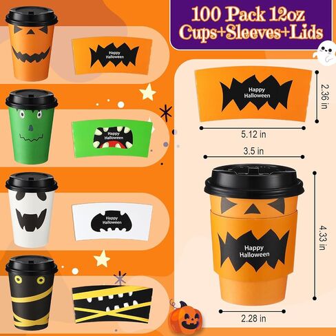 Umigy 100 Pack Halloween Disposable Coffee Cups 12 oz Paper Coffee Cups with Dome Lids and Sleeves Hot Cold Beverage Coffee Juice Drinking Cups for Halloween Party Decoration (Bat Style) in Saudi Arabia