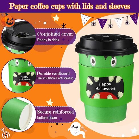 Umigy 100 Pack Halloween Disposable Coffee Cups 12 oz Paper Coffee Cups with Dome Lids and Sleeves Hot Cold Beverage Coffee Juice Drinking Cups for Halloween Party Decoration (Bat Style) in Saudi Arabia
