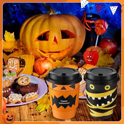 Umigy 100 Pack Halloween Disposable Coffee Cups 12 oz Paper Coffee Cups with Dome Lids and Sleeves Hot Cold Beverage Coffee Juice Drinking Cups for Halloween Party Decoration (Bat Style) in Saudi Arabia