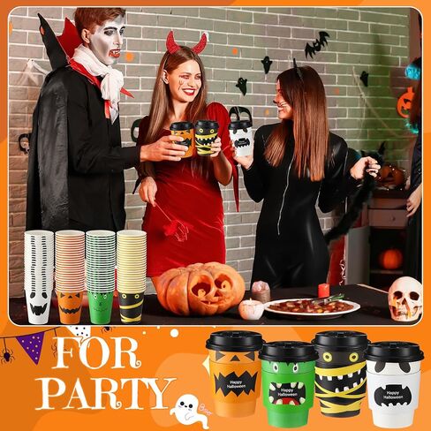 Umigy 100 Pack Halloween Disposable Coffee Cups 12 oz Paper Coffee Cups with Dome Lids and Sleeves Hot Cold Beverage Coffee Juice Drinking Cups for Halloween Party Decoration (Bat Style) in Saudi Arabia