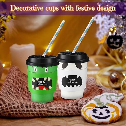 Umigy 100 Pack Halloween Disposable Coffee Cups 12 oz Paper Coffee Cups with Dome Lids and Sleeves Hot Cold Beverage Coffee Juice Drinking Cups for Halloween Party Decoration (Bat Style) in Saudi Arabia