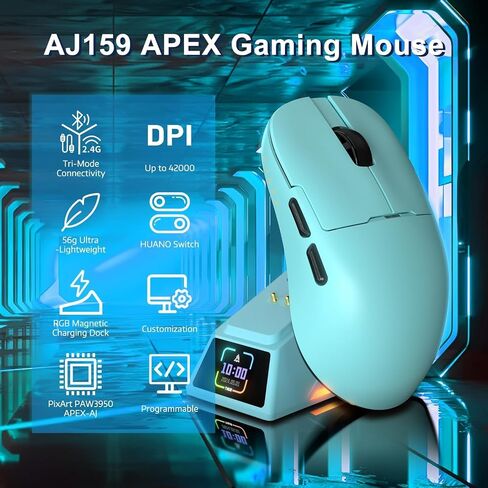 A.JAZZ AJ159APEX 8Khz Wireless Gaming Mouse Ultralight 56g with Magnetic Screen Charging Dock 42000DPI PAW3950 Sensor Tri Mode BT/2.4Ghz/Type-c Wired Programmable for Esport FPS PC Mac Gamer(Black) in Saudi Arabia