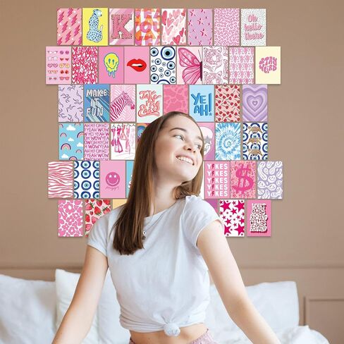 مجموعة ملصقات جدارية مكونة من 50 قطعة من Haoran، صور جمالية، ديكور غرفة لغرفة النوم الجمالية، ملصقات خضراء لطيفة عصرية بوجي بوهو للغرفة الجمالية، مجموعة صور مجمعة للجدار الجمالي، in Kuwait