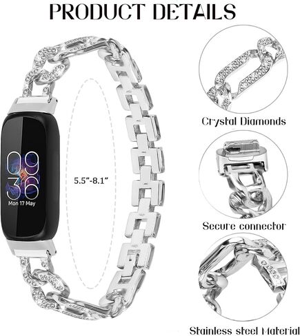 Metal Band Compatible with Fitbit Inspire 3 for Women Shiny Rhinestone Bracelet Strap Adjustable Replacement Watchband for Inspire 3 Fitness Tracker in Kuwait