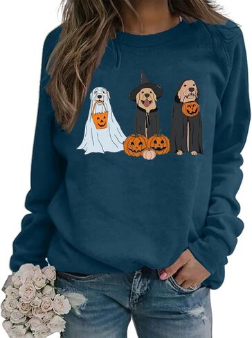 Ghost Dogs Sweatshirt Women Halloween Dog Lover Tshirt Gift Casual Crewneck Pullover Tops Fall Pumpkin Sweater in Saudi Arabia