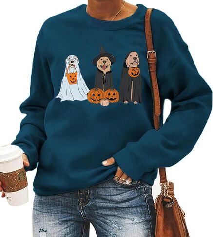 Ghost Dogs Sweatshirt Women Halloween Dog Lover Tshirt Gift Casual Crewneck Pullover Tops Fall Pumpkin Sweater in Saudi Arabia