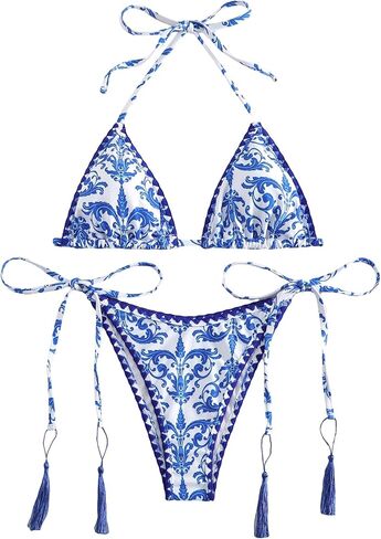 WDIRARA Women's Floral Print 2 Piece Halter Swimsuit Textured Tie Side Triangle Bikini Set Bathing Suit in Saudi Arabia