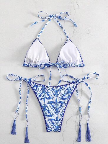 WDIRARA Women's Floral Print 2 Piece Halter Swimsuit Textured Tie Side Triangle Bikini Set Bathing Suit in Saudi Arabia