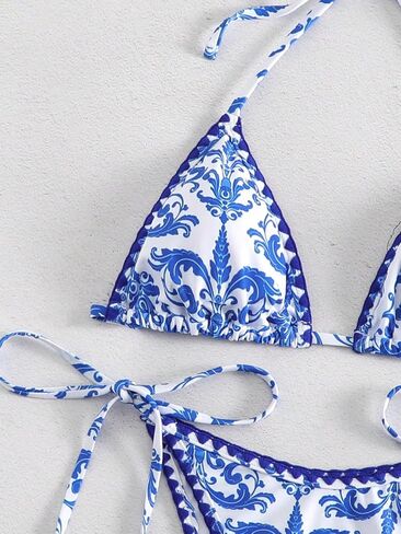 WDIRARA Women's Floral Print 2 Piece Halter Swimsuit Textured Tie Side Triangle Bikini Set Bathing Suit in Saudi Arabia