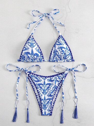 WDIRARA Women's Floral Print 2 Piece Halter Swimsuit Textured Tie Side Triangle Bikini Set Bathing Suit in Saudi Arabia
