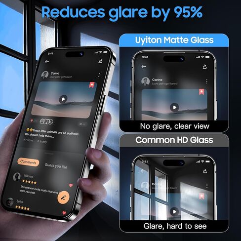 واقي شاشة غير لامع من Uyiton لهاتف iPhone 15 Pro، مضاد للوهج وبصمات الأصابع [سهل التركيب] مضاد للانعكاس ومقاوم للكسر، تغطية كاملة [صديق للحافظة] غطاء شاشة من الزجاج المقوى 9H، عبوتان in Saudi Arabia