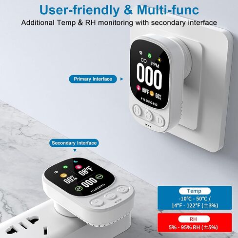 3-in-1 Carbon Monoxide Detector Plug in, Professional Plug-and-Play Portable Carbon Monoxide Detector with Temp & RH, Premium Real-Time CO Monitor Loud Alarm for Air Safety (Grey/Timeless) in Saudi Arabia