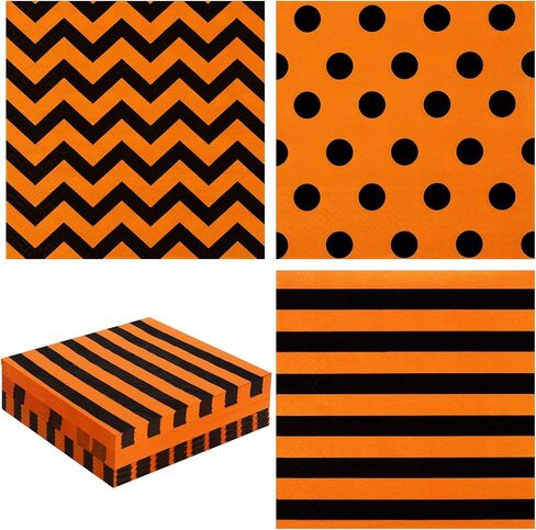 Whaline 75Pcs Halloween Paper Napkin 6.5 Inch Orange Black Strip Wave Polka Dot Luncheon Napkins Geometric Disposable Dinner Napkins for Halloween Party Supplies Tabletop Kitchen Decor in Saudi Arabia