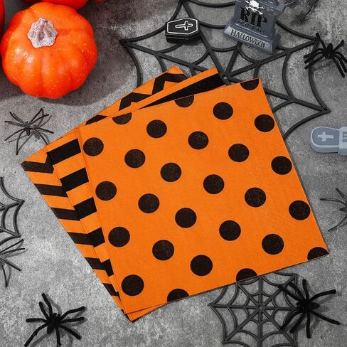 Whaline 75Pcs Halloween Paper Napkin 6.5 Inch Orange Black Strip Wave Polka Dot Luncheon Napkins Geometric Disposable Dinner Napkins for Halloween Party Supplies Tabletop Kitchen Decor in Saudi Arabia