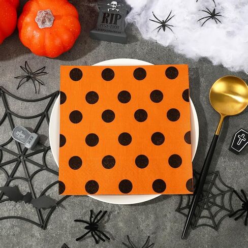Whaline 75Pcs Halloween Paper Napkin 6.5 Inch Orange Black Strip Wave Polka Dot Luncheon Napkins Geometric Disposable Dinner Napkins for Halloween Party Supplies Tabletop Kitchen Decor in Saudi Arabia