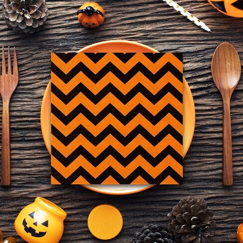Whaline 75Pcs Halloween Paper Napkin 6.5 Inch Orange Black Strip Wave Polka Dot Luncheon Napkins Geometric Disposable Dinner Napkins for Halloween Party Supplies Tabletop Kitchen Decor in Saudi Arabia