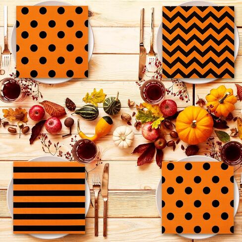 Whaline 75Pcs Halloween Paper Napkin 6.5 Inch Orange Black Strip Wave Polka Dot Luncheon Napkins Geometric Disposable Dinner Napkins for Halloween Party Supplies Tabletop Kitchen Decor in Saudi Arabia