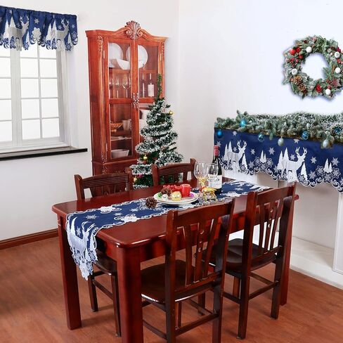 Simhomsen Embroidered Reindeer Kitchen Window Curtain Valance W 57 × L 14 Inches, Christmas Holidays Decorations (Reindeer Navy Blue) in Kuwait