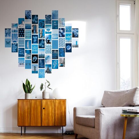 مجموعة ملصقات حائط زرقاء صور جمالية، ملصقات فنية جدارية لغرفة الفتيات المراهقات أو ديكور غرفة النوم، ملصقات صور بوهو، ديكور جداري جمالي، 50 مجموعة 4x6 بوصة (أزرق) in Kuwait